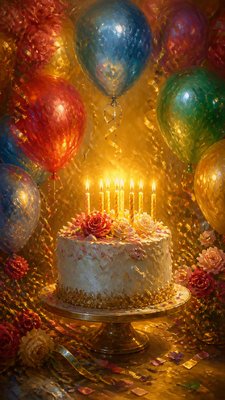 a birthday cake with lit candles surrounded by balloons and confetti, festive vertical composition, no text