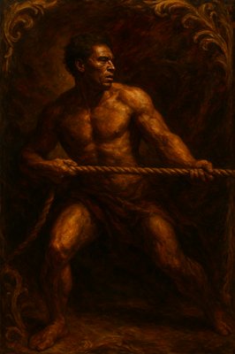 a painting of a man holding a rope