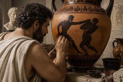 ancient greek vase painter with two athletes fighting