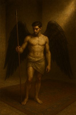 a painting of a man with wings holding a stick