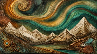 a flowing aurora over snowy peaks, wide sweeping composition, no people, no text