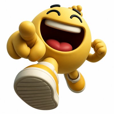 an exaggerated laughing face of an original round mascot character, bold and readable at small size, plain background, no text
