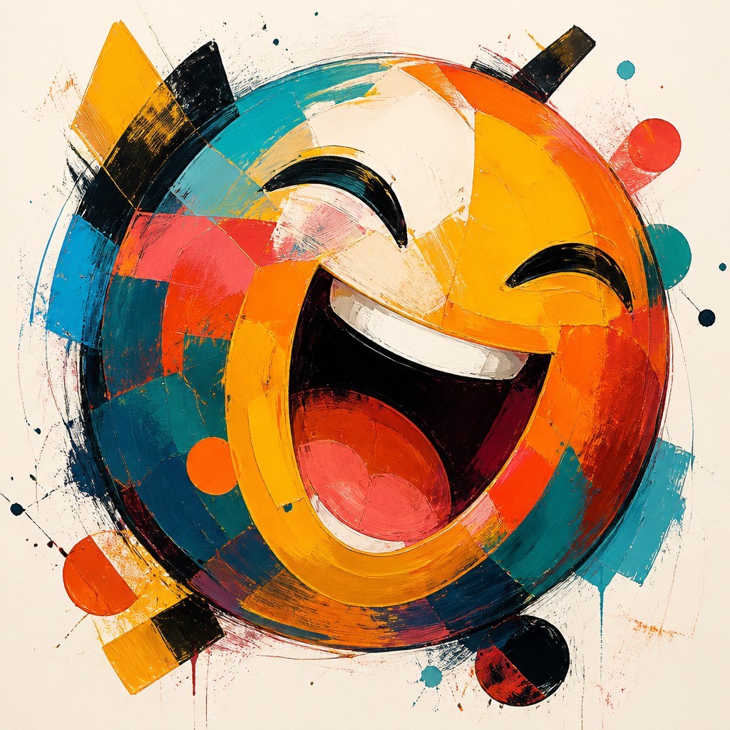 an exaggerated laughing face of an original round mascot character, bold and readable at small size, plain background, no text