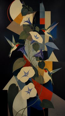 a climbing vine of flowers and hummingbirds on a dark background, tall wrapping composition, no text
