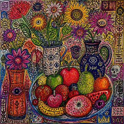 still life arrangement of fruits and flowers