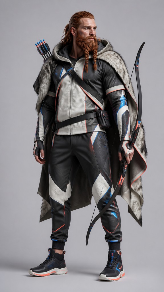 full-body original character: a dwarven ranger with a braided auburn beard, worn leather armor, a longbow and a wolf-pelt cloak, neutral background, no text