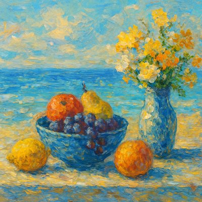 still life arrangement of fruits and flowers