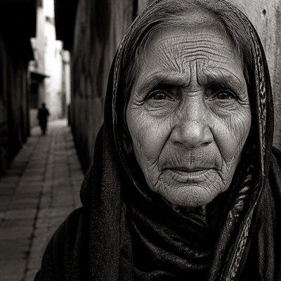 close-up portrait of an elderly person with expressive weathered features