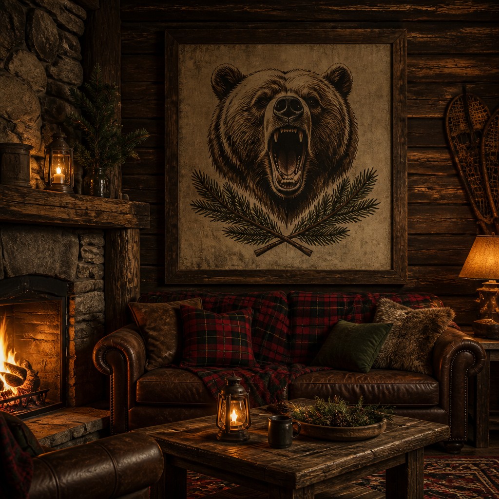 a roaring bear head above crossed pine branches, bold graphic composition on a plain background, no text