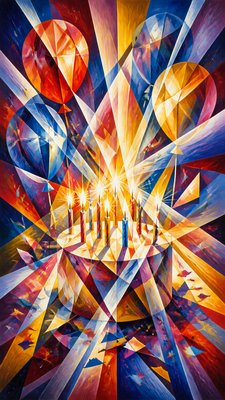 a birthday cake with lit candles surrounded by balloons and confetti, festive vertical composition, no text