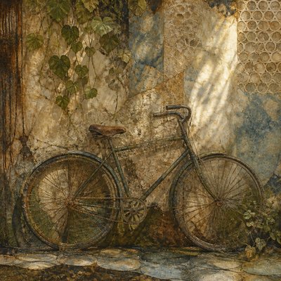 bicyle resting against a wall