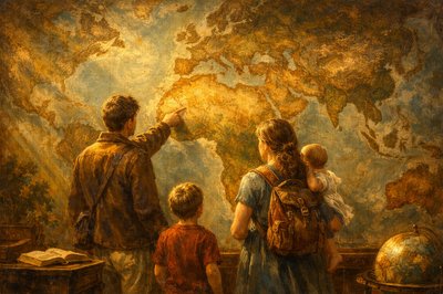 A young couple with two children stand in front of a wall-sized world map, facing the map.  The young father is pointing to somewhere in Africa.  The young mother is wearing a backpack and one of the children is a baby that she's carrying in her arms.
