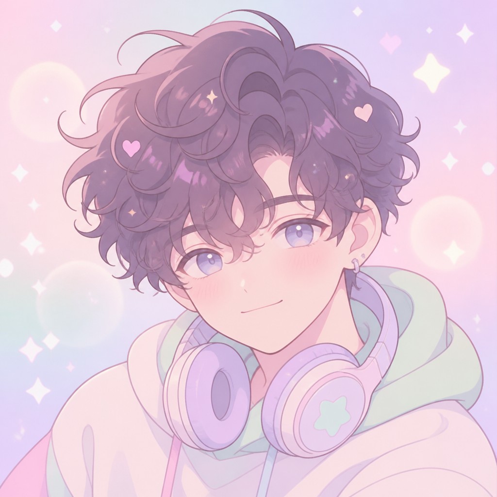 head-and-shoulders portrait of an original character: a young man with curly dark hair and headphones around his neck, plain backdrop, no text
