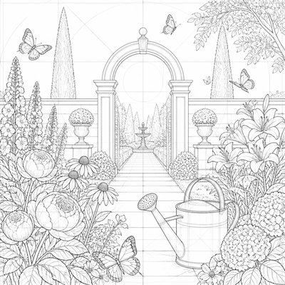 a garden scene with butterflies, flowers and a watering can, clean uncolored line art, no text