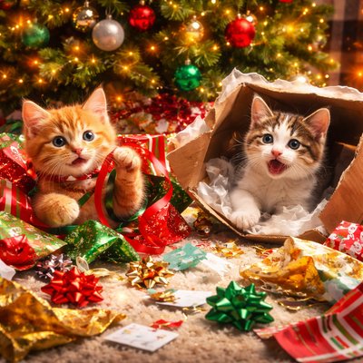 a heartwarming scene under a decorated Christmas tree. Two fluffy kittens, one a ginger tabby and the other a calico, are joyfully playing in a chaotic pile of discarded Christmas wrapping paper, ribbons, and bows. The ginger kitten is tangled in a long piece of shiny red and green paper, batting at a curled ribbon. The calico kitten is pouncing from inside a torn open cardboard gift box, surrounded by crumpled tissue paper. Torn pieces of colorful wrapping paper (gold foil, snowman patterns, stripes) and empty gift tags are scattered everywhere on a plush rug. The Christmas tree above them is glowing with warm fairy lights and decorated with traditional ornaments. The background is a cozy living room with a fireplace. Sharp focus on the kittens' playful expressions and the texture of the crumpled paper.