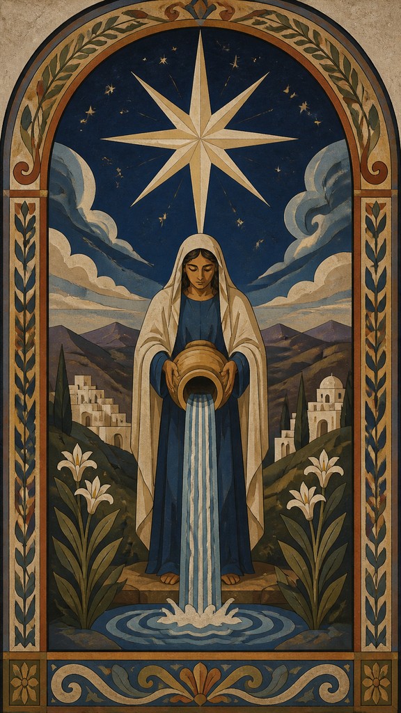 a robed figure pouring water beneath a large eight-pointed star in a night sky, symmetrical composition with an ornate decorative border, no text