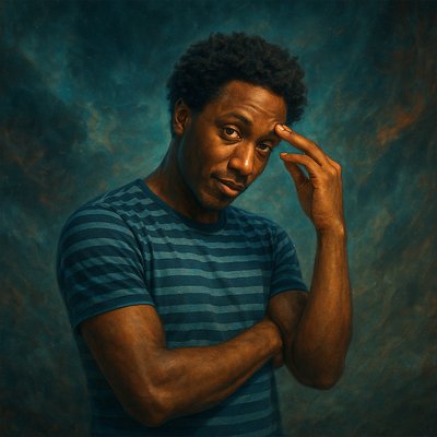 a painting of a man holding his hand to his head