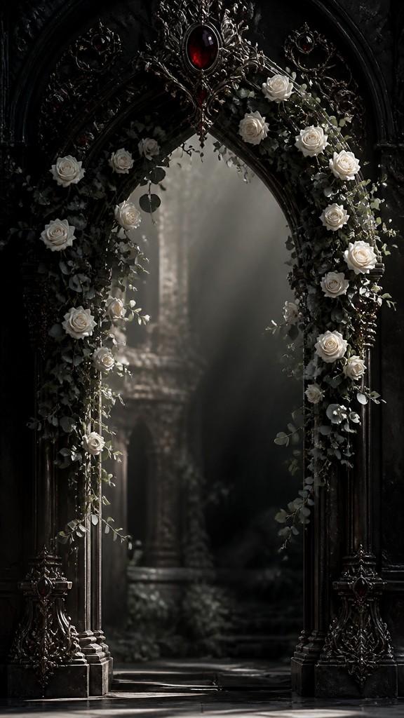 an arch of white roses and eucalyptus in soft morning light, elegant vertical composition with open space, no text