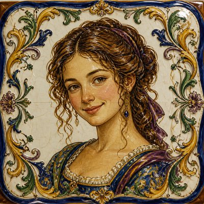 head-and-shoulders portrait of an original character: a young woman with wavy chestnut hair and a warm smile, plain soft backdrop