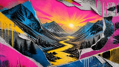 a vast valley with a river winding toward distant mountains at sunrise, no people, no text