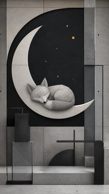 a sleeping baby fox curled on a crescent moon among soft stars, gentle and warm, no text