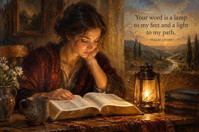 “Your word is a lamp to my feet and a light to my path” - Psalm 119:105 person reading from an opened Bible