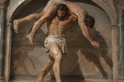 ancient greek wrestler lifts his opponent over his shoulders