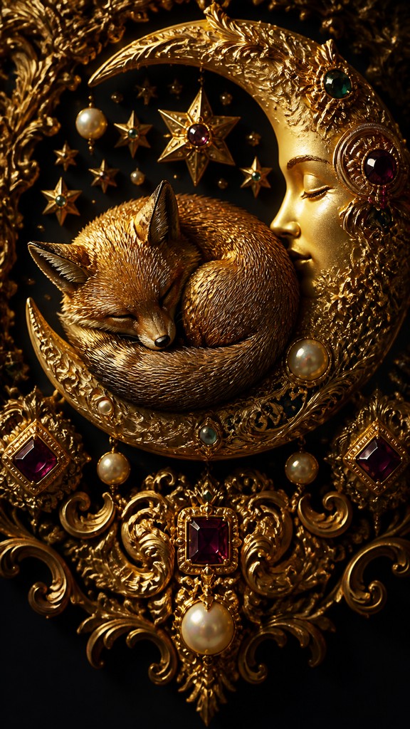 a sleeping baby fox curled on a crescent moon among soft stars, gentle and warm, no text