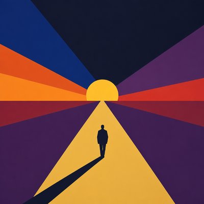 a solitary figure walking toward a glowing horizon across an empty plain, moody atmosphere, no text or lettering