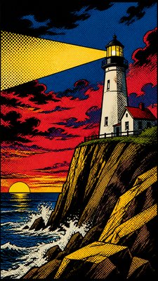 a lone lighthouse on a cliff at dusk under a dramatic sky, no text or lettering