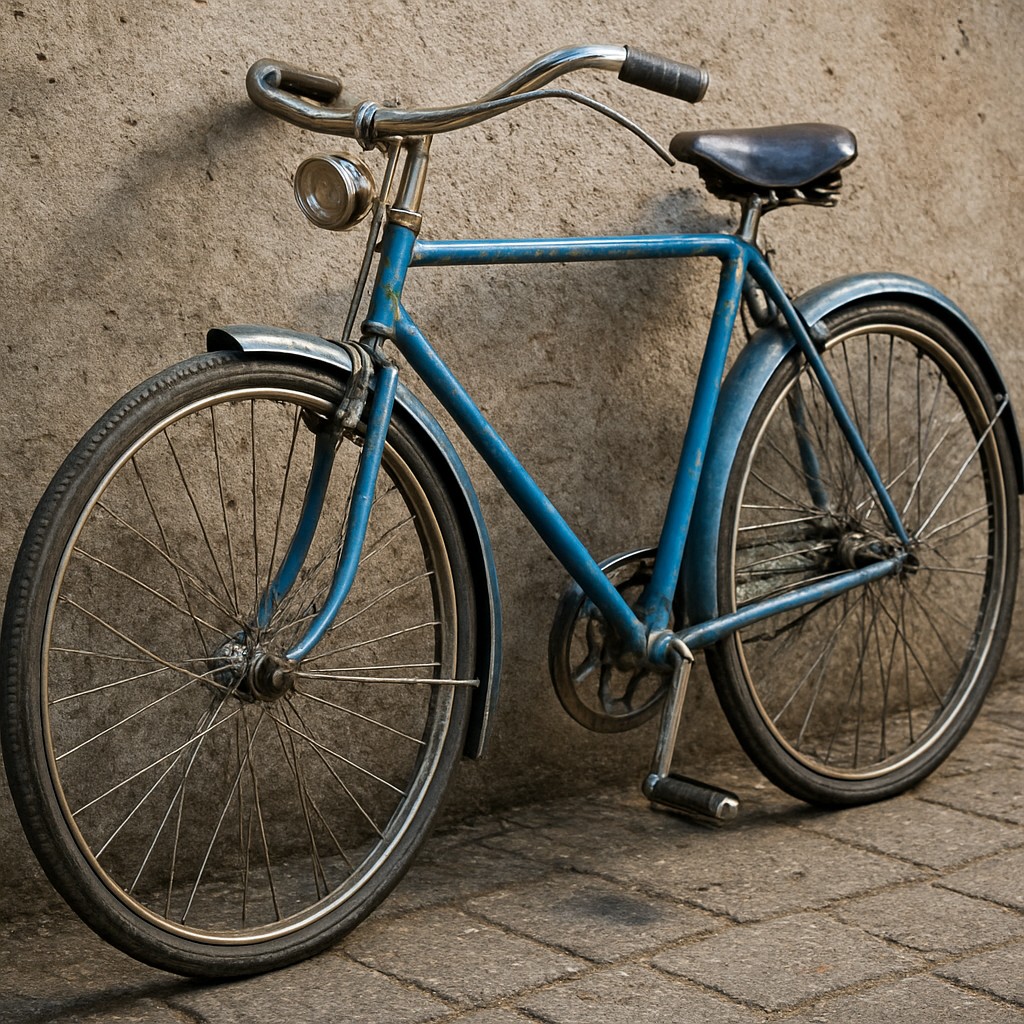 bicyle resting against a wall
