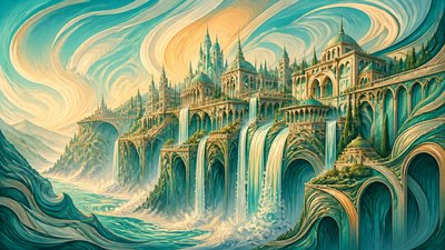 a cliffside city with waterfalls cascading into a misty canyon, wide establishing shot, no people, no text