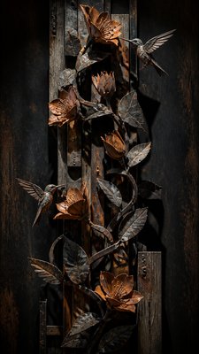 a climbing vine of flowers and hummingbirds on a dark background, tall wrapping composition, no text