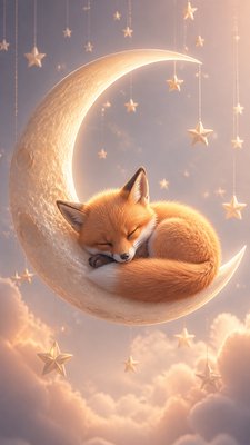 a sleeping baby fox curled on a crescent moon among soft stars, gentle and warm, no text