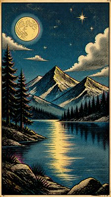a tranquil mountain lake beneath a starry night sky, no people, no text