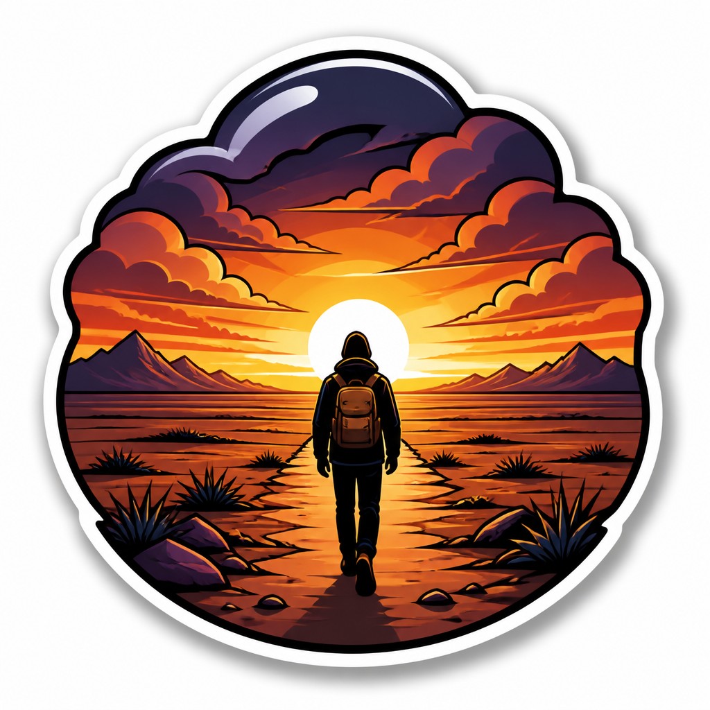 a solitary figure walking toward a glowing horizon across an empty plain, moody atmosphere, no text or lettering