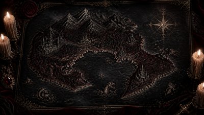 a map of an island realm with mountains, forests, a sheltered bay, sea monsters in the water and a compass rose, no text labels