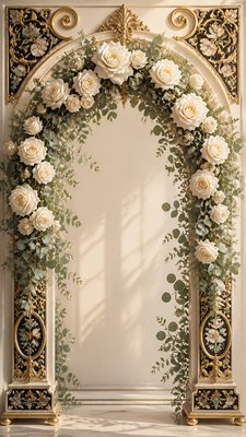 an arch of white roses and eucalyptus in soft morning light, elegant vertical composition with open space, no text