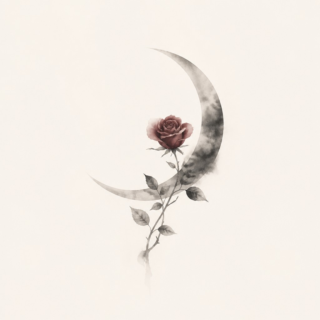 a rose entwined with a crescent moon, clean balanced composition on a plain background, no text