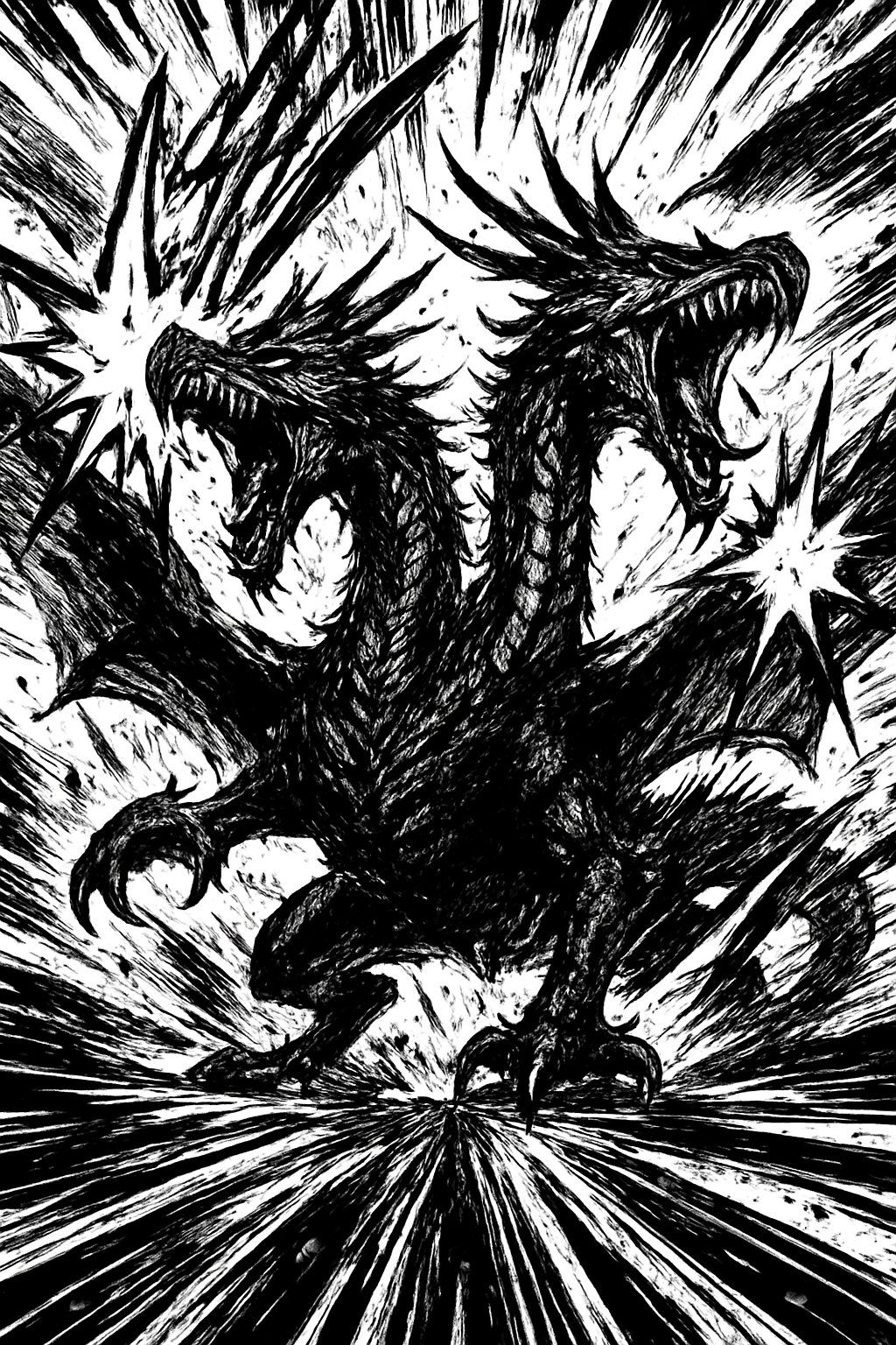 a black and white drawing of a dragon