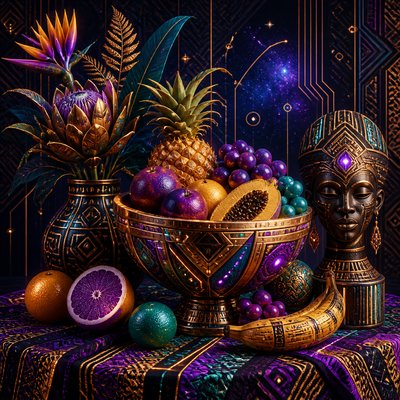 still life arrangement of fruits and flowers