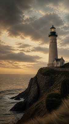 a lone lighthouse on a cliff at dusk under a dramatic sky, no text or lettering