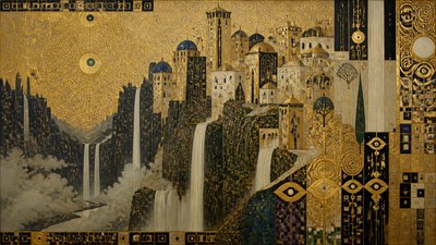 a cliffside city with waterfalls cascading into a misty canyon, wide establishing shot, no people, no text