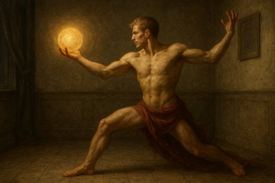 a painting of a man holding a glowing ball