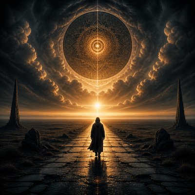 a solitary figure walking toward a glowing horizon across an empty plain, moody atmosphere, no text or lettering