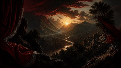 a vast valley with a river winding toward distant mountains at sunrise, no people, no text