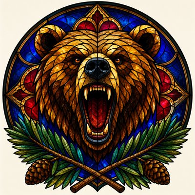 a roaring bear head above crossed pine branches, bold graphic composition on a plain background, no text