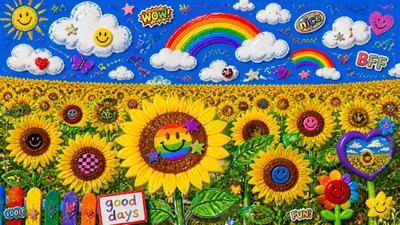 an endless field of sunflowers under summer clouds, no people
