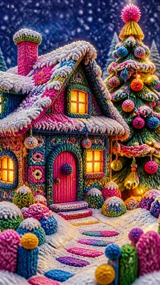 a snow-covered cottage with warm glowing windows beside a decorated pine tree, gentle snowfall, no text