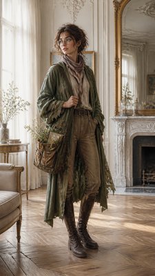 full-body original character: a wandering botanist with a satchel of plants, a patched green cloak, tall boots and round glasses, neutral background